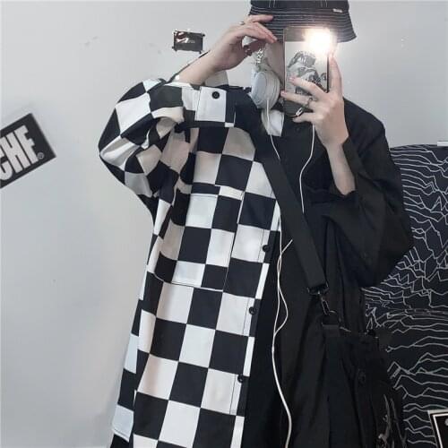 Plaid Shirts Women Men Dark Fashion Black and White Checkerboard Patchwork Loose Long Sleeve Blouse Unisex High Street Hip Hop