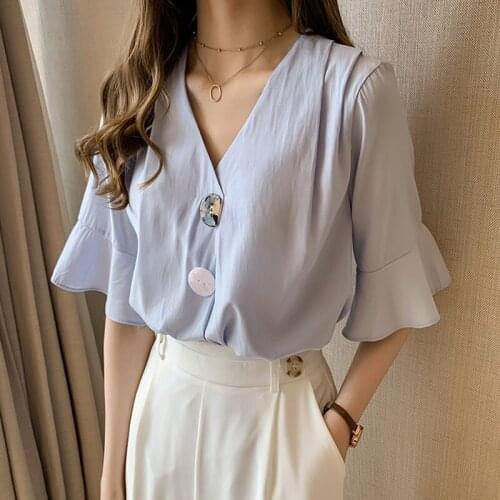 Chiffon Woman Blouse Shirt Summer 2019 New V-Neck Loose Plus size Korean version Tops Woman Blouses Shirts White/Blue/Yellow