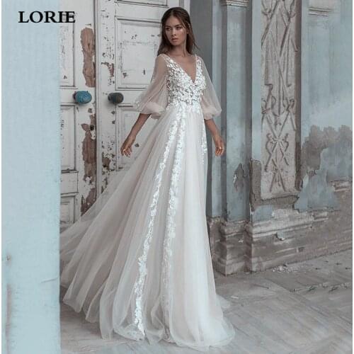 LORIE Princess Wedding Dresses Puff Sleeve 3D Lace Flowers Beach Bridal Gowns Soft Tulle V Back Boho Wedding Party Gowns