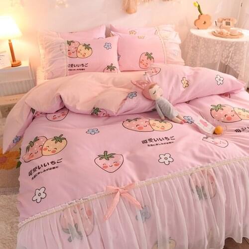 Light blue strawberry fruit sanding soft warm beautiful chiffon style home textile quilt cover four-piece/three-piece