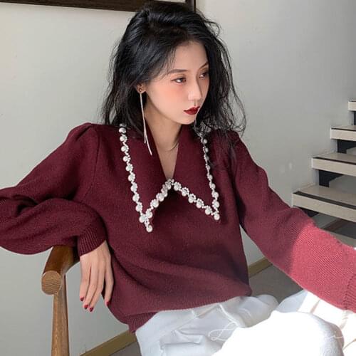 Sweet Girl French Vintage Gentle Fairy Sweater V-Neck Pearl Puff Sleeve Banquet Ladies Pullovers Elegant Woman All-Match Sweater