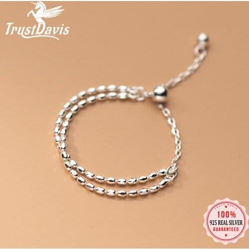 TrustDavis Real 925 Sterling Silver Fashion Double Beads Chain Ring Sizable For Women Wedding Birthday Party Fine Jewelry DA2356