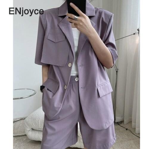 Vintage Purple Back Slit Suit Blazer Women Korean Style Casual Suit Blazers Fashion Office Ladies Short Sleeve Workwear Summer