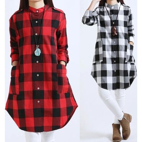Womens Long Sleeve Plaid Long Shirt Ladies Loose Casual Party Blouse Tops Shirt