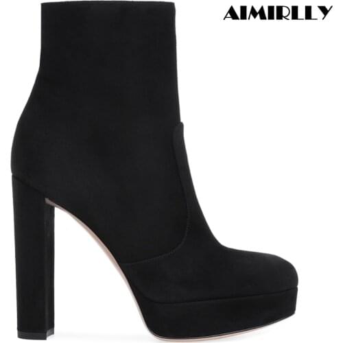 Womens Shoes Round Toe High Heel Platform Ankle Boots Zipper Autumn Winter Booties Black Block Heel Faux Suede
