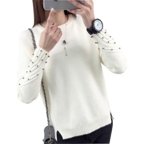 Women Autumn Winter Cashmere Blended Pullover Sweaters O-Neck Long Sleeve Beading Bottoming Jumpers Womens Knitted Sweater Tops