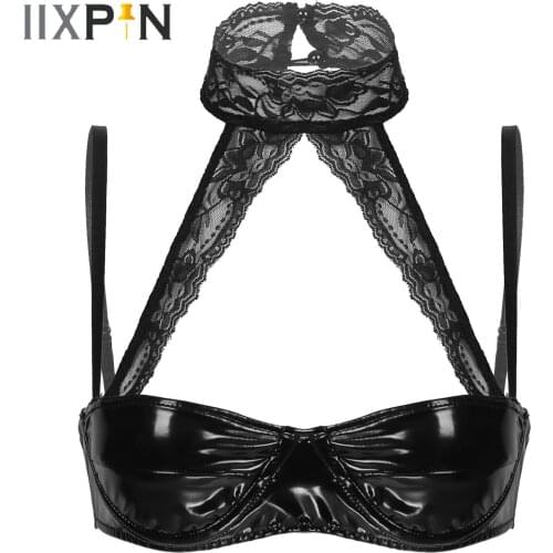 Womens Lingerie Underwired Bras Lace Adjustable Spaghetti Strap Erotic Brassiere Clubwear Halter Neck Patent Leather Bra Tops