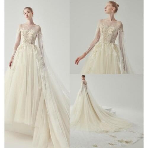 2020 Modest YL Jewel Hollow Long Sleeve Lace Up A Line Wedding Dresses With Wrap Lace Applique Pearls Wedding Gowns Sweep Train