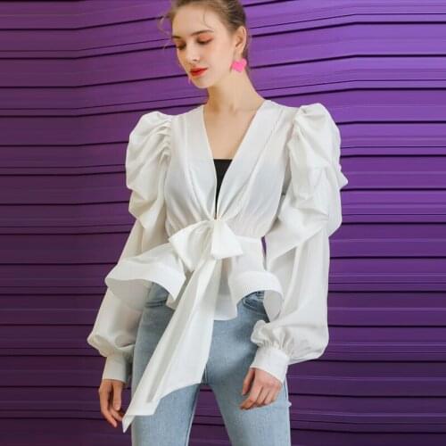 Blusas Feminino Spring Summer Vintage Puff Sleeve Sexy V-Neck Ruffled Shirt Women Lace-Up Tunic Pleated Blouses Office Lady Tops