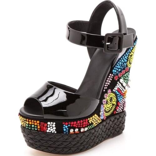 Girls Colorful Rhinestone Platform Wedge Sandals Rope Braided Ankle Strap Peep Toe Multi Crystal Weged Heel Slipper Shoes