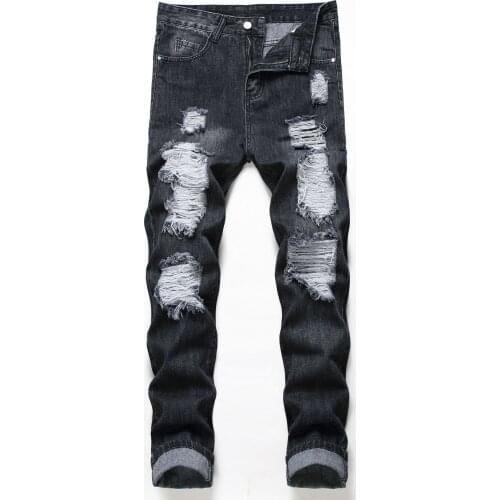 European and American street black beggar jeans mens ripped straight-leg jeans