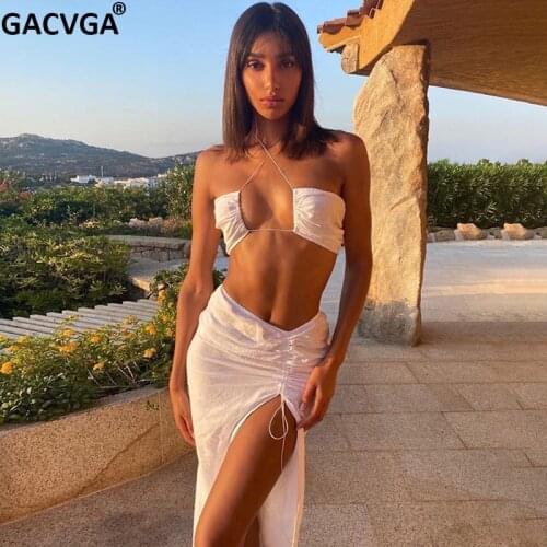 GACVGA Strapless Drawstring Two Pieces Set Women Summer Halter Crop Top Stacked Split Long Skirt Suit 2021 Matching Sets Outfit