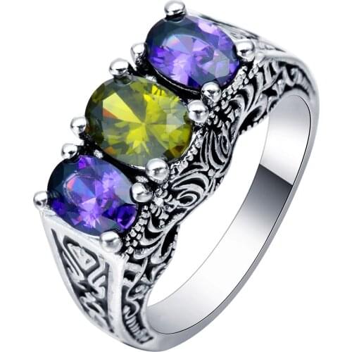 Hainon Vintage Anti Silver Color Promise Rings Purple Green Crystal New Jewelry Cubic Zircon Engagement Rings Jewelry Gifts