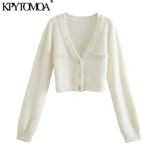 KPYTOMOA Women 2021 Fashion Faux Pearl Beading Cropped Knitted Cardigan Sweater Vintage Long Sleeve Female Outerwear Chic Tops