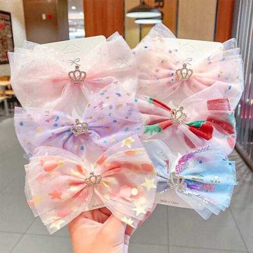 Sweet Hair Clips Barrettes Fashion Hair Accessories Spring Summer Girls Baby Cute Print Chiffon Big Bow Crown Hairpins