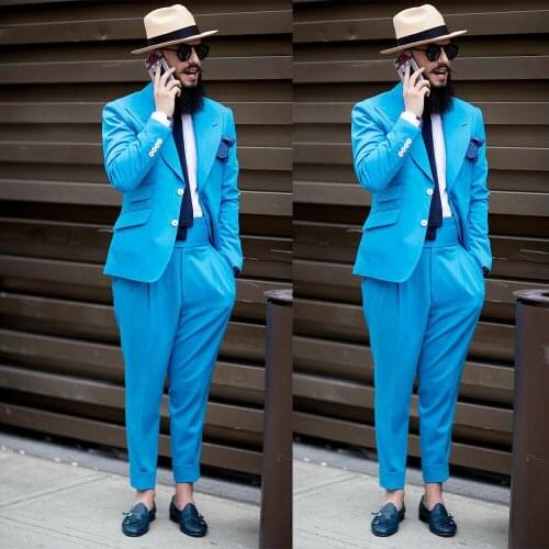 Casual Costume Homme Blue Wedding Tuxedos Two Button Peaked Lapel Groom Wear Party Prom Best Men Blazer Suit (Jacket+Pants)