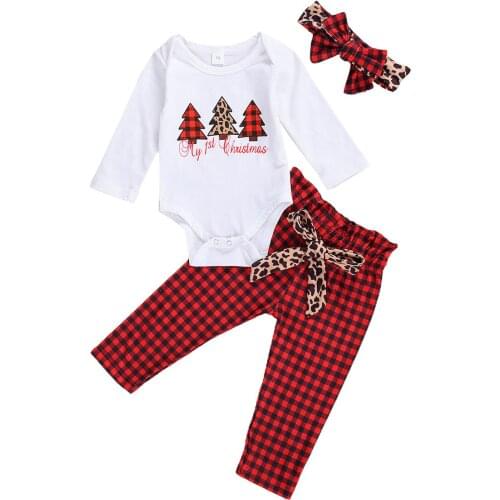 My 1st Christmas Baby Girl 3Pcs Outfits Long Sleeve Romper+Plaid/Leopard Print Pants+Headband Newborn Girls Xmas Clothing 0-12M