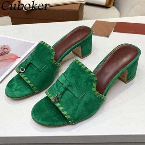 Summer Hot Sale Women Slippers Peep Toe Kid-Suede Chunky Heels Lock Decor Ladies Mules Brand Runway Slides Women Sandalias Mujer