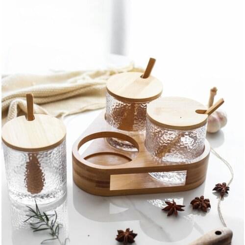 Creative Transparent Glass Kitchen Spice Jar Three-piece Seasoning Storage Tank Seasoning bottles Dispensing Bottle Box Salt