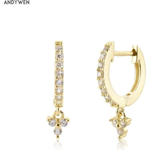 ANDYWEN 925 Sterling Silver Gold Three Zircon Charm Drop Earring Loops Piercing Pendientes Clips Rock Punk Party Jewelry Gift