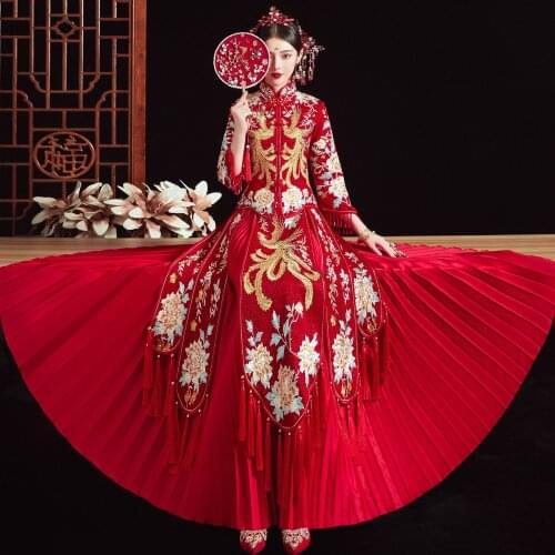 Bride Wedding Dress Chinese Style Cheongsam Embroidery Exquisite Marriage Gift Vintage Costume Large Size 6XL 7XL
