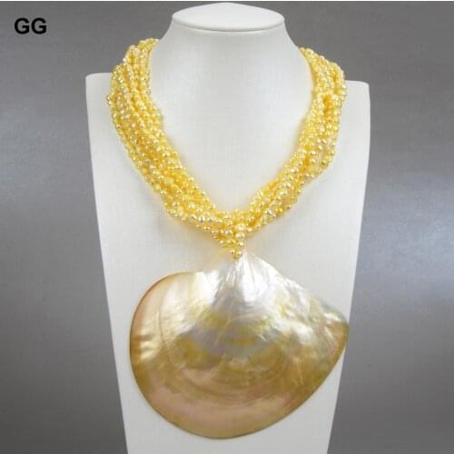 GuaiGuai Jewelry 18" 7 Rows Natural Yellow Fancy Pearl Necklace Big Yellow Shell Pendant