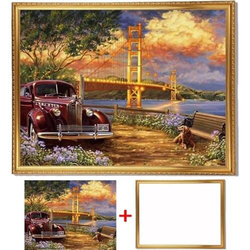 Framed 5D Diamond Painting Landscape Seaside Car Full Round Diamond Embroidery Full Set Scenery Cross Stitch Sewing Rhinestones