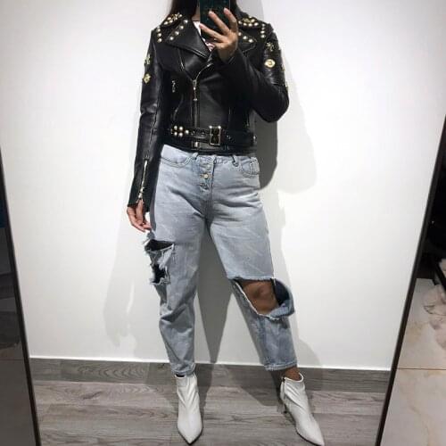 Women rivet genuine leather jacket ladies real sheep leather jacket