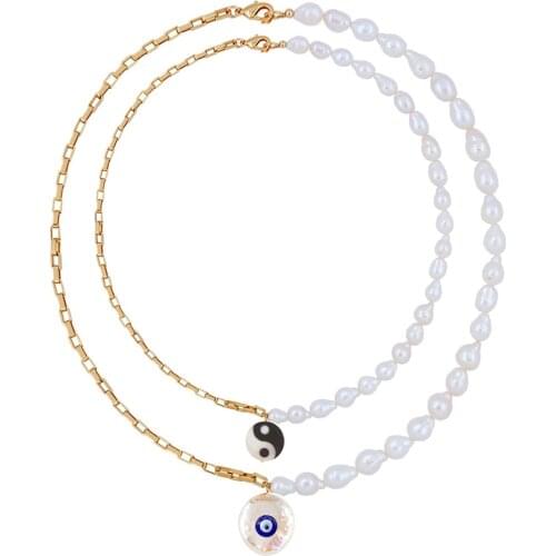 Chunky chain evil eye bead pearl YIN TO MY YANG shell pendant charm natural baroque freshwater pearl chokers necklaces for women