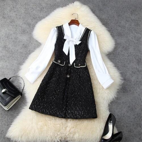 Elegant Long Sleeve Bow Collar White Shirt and Tank Tweed Woolen Dress 2 Piece Suit Women Fashion Spring Clothes Office Vestidos