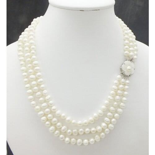 3 rows 6-7MM AAA, natural white pearl necklace, ladies. Girl, banquet jewelry necklace 18-20 inches