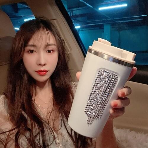 Bling Thermos Coffee Cup Stainless Steel Inlaid Diamond Car Tumbler 380ml Portable Office Travel Vacuum Bottle White Thermos Cup