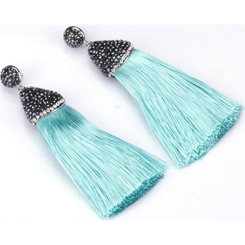 Boho Light Dark Blue Collection Silk Thick Tassel with Blak Rhinestone Cap Charm Studs Top Long Dangle Tassel Earring For Women