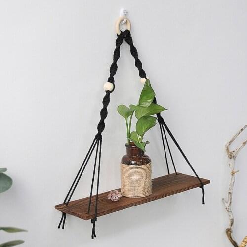 Wooden Wall Shelf Cotton Rope Swing Shelf Plant Flower Pot Hanging Stand Storage Rack Home Decoration