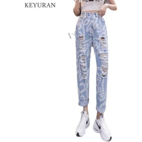 Autumn Fashion Women Chain Print Hole Jeans Hollow Out High Waisted Denim Casual Loose Hip Hop Pants Zipper Fly Streetwear Sexy