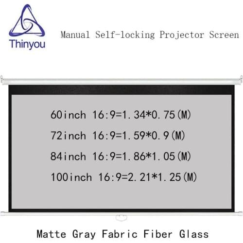 Thinyou Matte Gray Fabric Fiber Glass 100 inch 16:9 Auto Self-Locking Screen Pull Down Manual Projector Screen for HD projector
