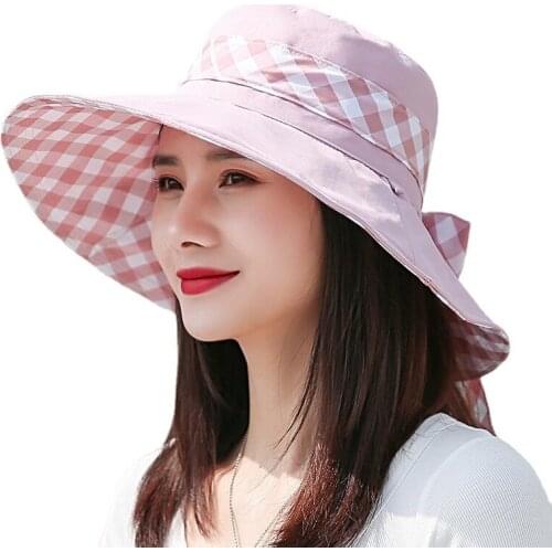 Elegant Plaid Bowknot Ribbon Sun Hat Cap Large Brim Cooling Hat Womens Beach Pool Floppy Dress Sun Hat Beach Headwear