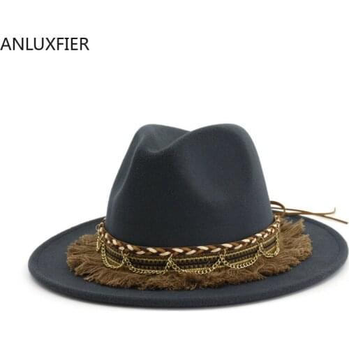 H7561 Fall Winter Retro Fedoras Hat Ladies Jazz Wool Felt Chain Tassel Flat Eave Cap Female Fashion Casual Church Outdoor Caps