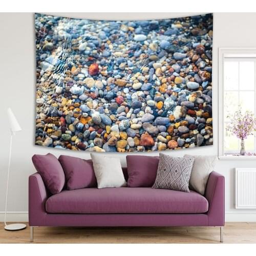 Tapestry Colorful Stones and Rocks Under Water in Leland Lake Michigan Nature Scenery Decorative Photo Blue Yellow Beige