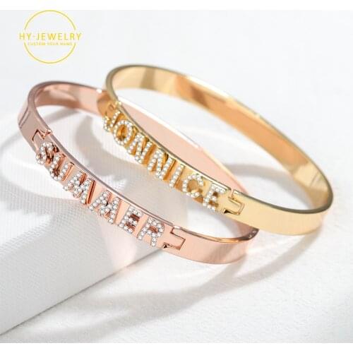 Custom Name Bangles Personalized Crystal Bangle For Women Name Cuff Bangle Adjusted Personalized CZ Stones DIY Bracelet