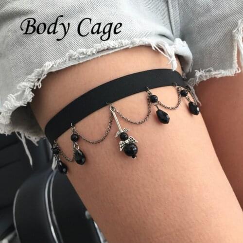 Body Cage 1pc Female Popular Sexy Harajuku Style Angel wings tassel Garter Belt Punk Leg Black beads thigh Harness Gifts