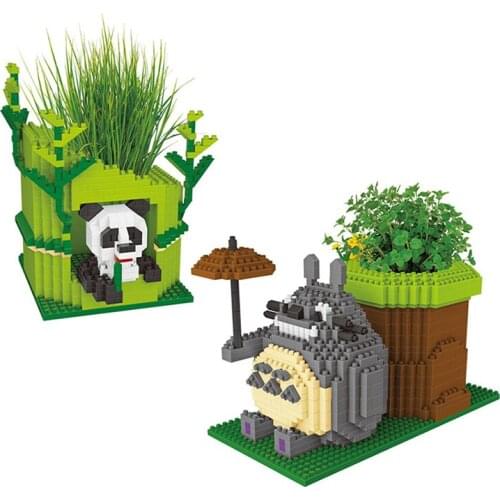Cartoon Panda Shape Planting Grass Flower Pot Model Brick DIY Cute Animal Assembling Mini Building Blocks Childrens Toy Gift