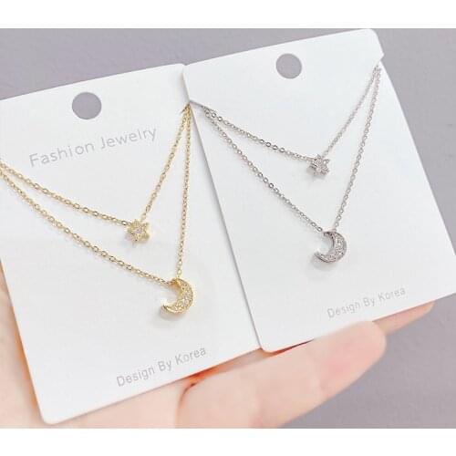 Korean Star Moon Necklace Womens Exquisite Pentagram Star Simple All-Match Moon Clavicle Chain Pendant Anti-Allergy Jewelry