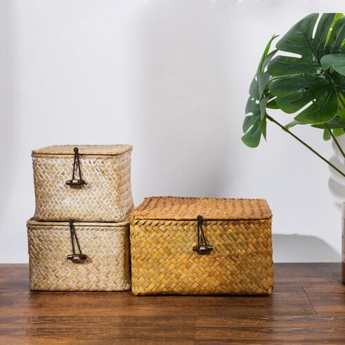 Handmade Storage Boxes with Lid Seagrass Woven Candy Cosmetics Storage Organizer Toys Sundries Sewing Container Home Decor