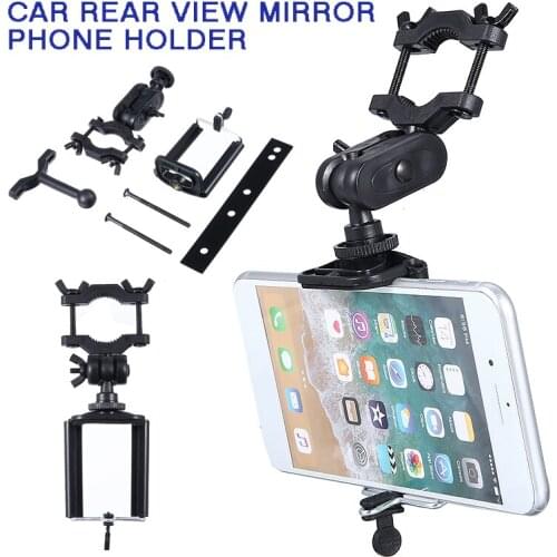 MAYITR 1pc Portable Car Rear Mirror Mobile Phone Holder Multi-functional 360 Degree Rotation Adjustable Stand Bracket