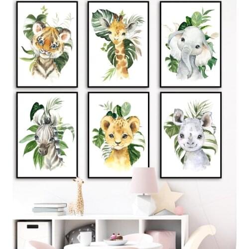 Cartoon Kids Nursery Wall Art Prints Lion Giraffe Elephant Tiger Zebra Canvas Painting Nordic Poster Decor Pictures Baby Room