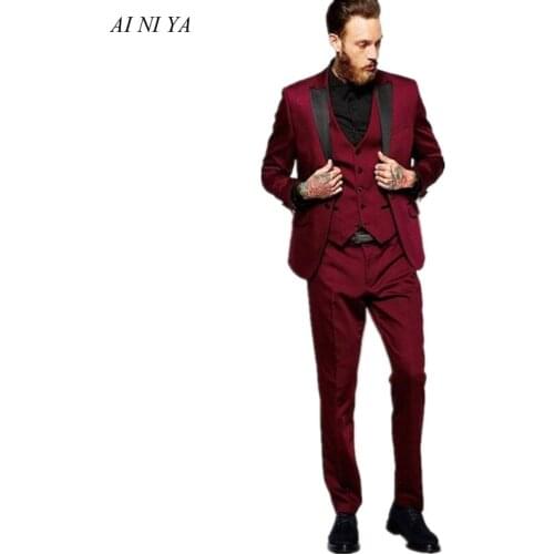Three Piece Homme Wedding Tuxedos Slim With Black Peaked Lapel Burgundy Men Formal Business Party Suits (Jacket+Pants+Vest)
