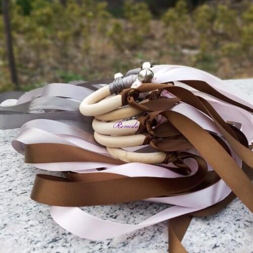 Newest 20 Pcs/Lot brown and grey stain ribbon wooden ring waldorf toys baby teether with sliver bell