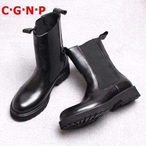 C·G·N·P New Arrival Round Toe Fashion High-top Genuine Leather Men Shoes Black Winter Chelsea Boots Handmade Mens Riding Boots