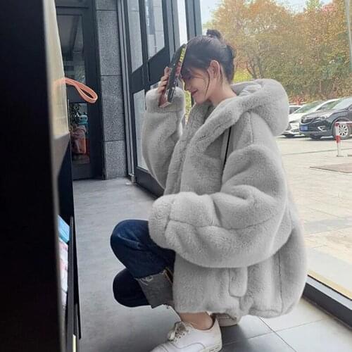 Faux Fur Women Coat Hooded Fashion Zipper Plush Thick Slim Pink Faux Fur Jacket Fake Rabbit Fur Coats Chaqueta Mujer 2020